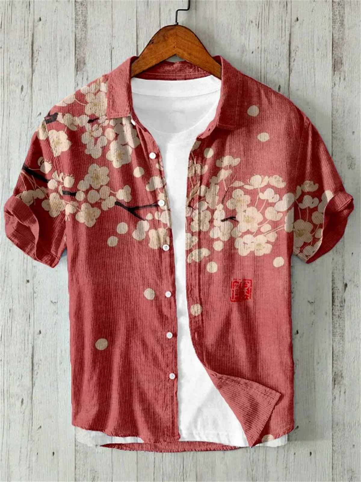 3D Printing Hawaiian Style Short Sleeve Shirt Japanese Art Linen Comfortable Loose Casual Flip Collar Plum Blossom