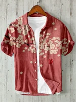 3D Printing Hawaiian Style Short Sleeve Shirt, Japanese Art Linen, Comfortable Loose Casual Flip Collar Shirt, Plum Blossom 1