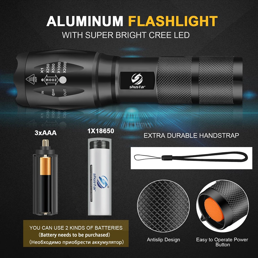 Shustar-Ultra Bright Lanterna LED, Lanterna de Acampamento, Luz Impermeável, Luz de Bicicleta Zoomable, Use 18650 Bateria, L2, V6, 5