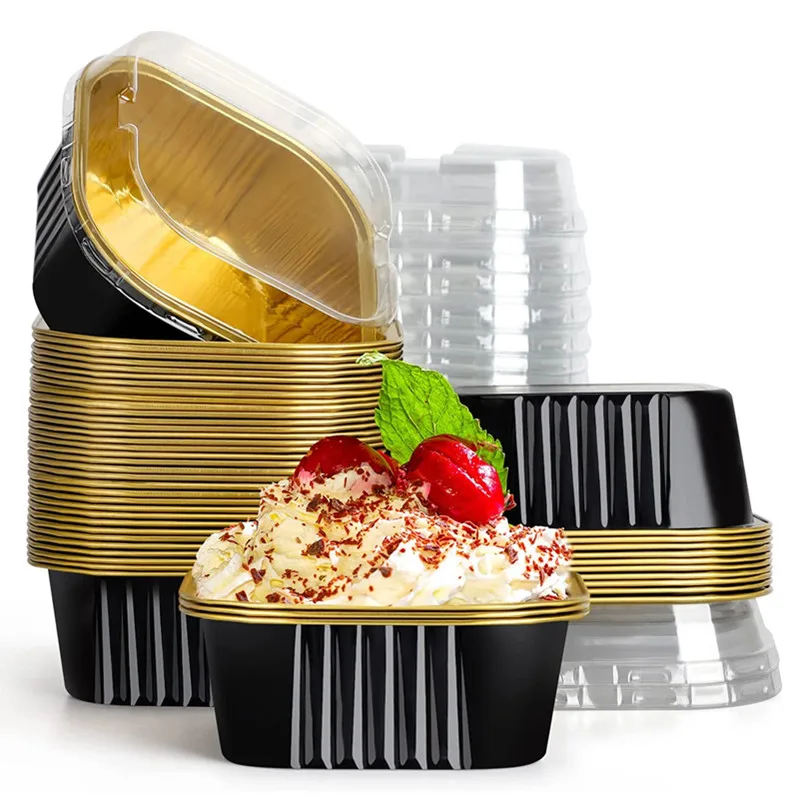 50pcs 10oz Aluminum Foil Square Ramekins Cupcake Baking Cups with Lids