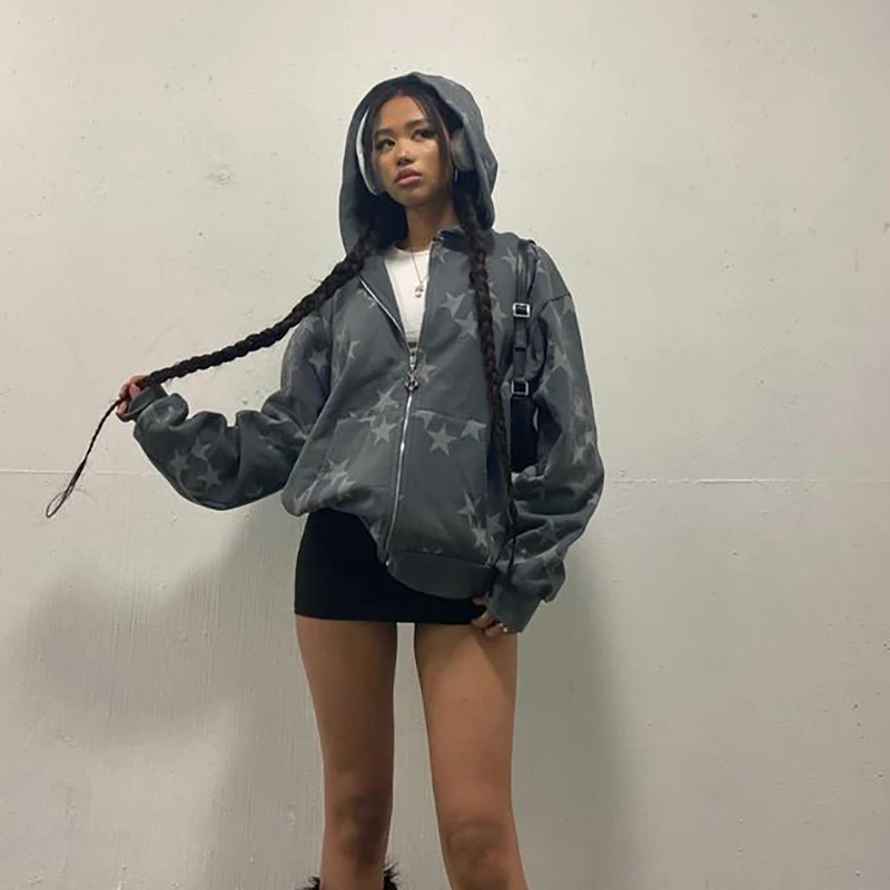 Sudadera Y2k Con Capucha Y Cremallera Para Mujer, Manga Larga, Estética, Estampado De Estrellas Grunge, Ropa De Calle, Ll- Corazón Azul