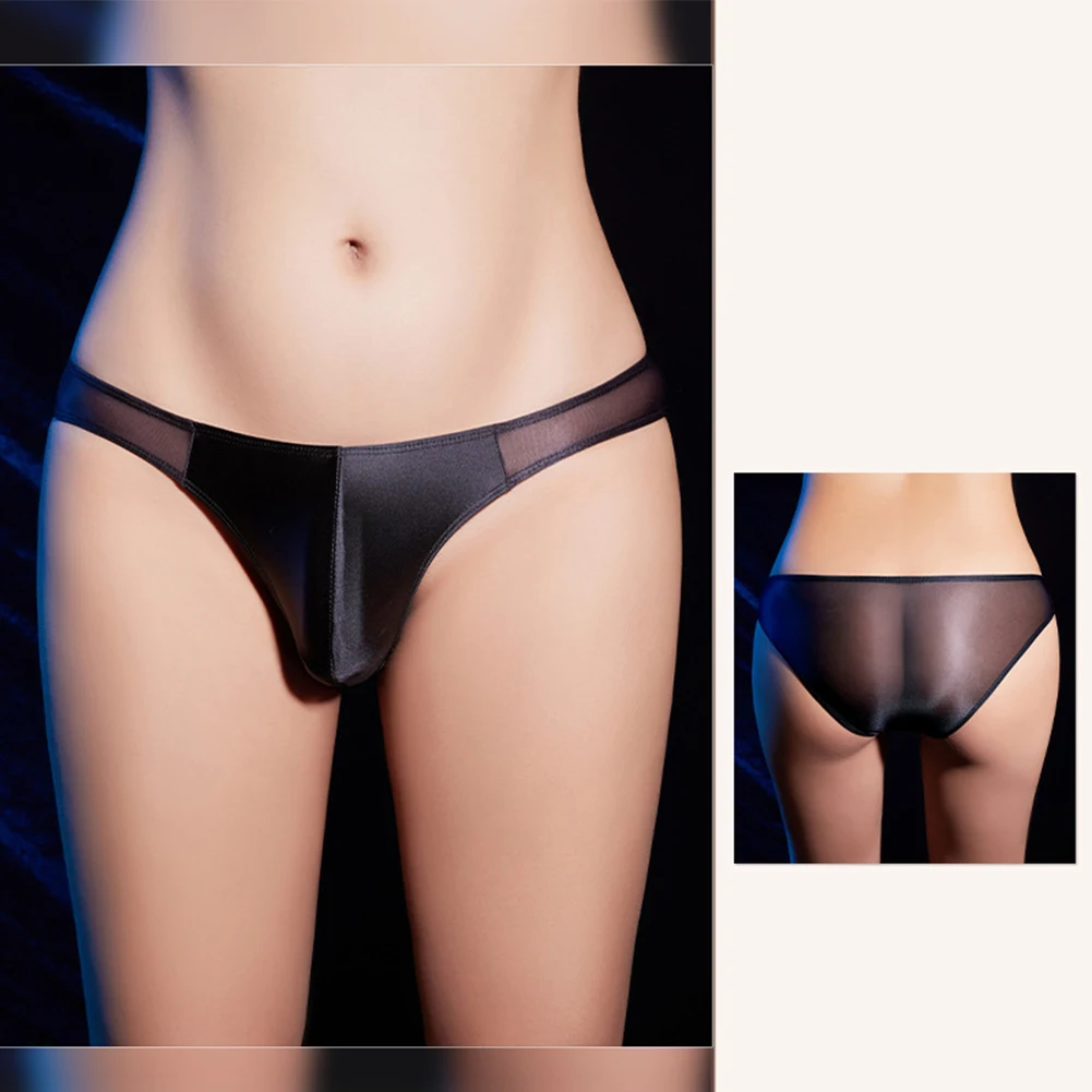 

Sexy Men Briefs Ice Silk Oil Shiny Underwear Low Rise Transparent Thong Patchwork G-string Bulge Pouch Soft Thin Panties