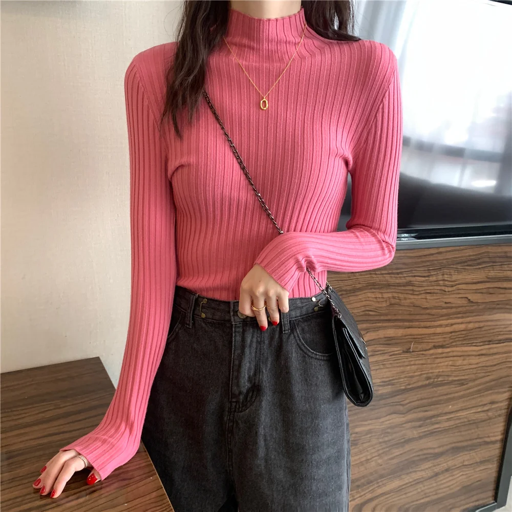 LEGIBLE 2021 Autumn Winter Sweater Women Knitted Pullover Sweater Female Mock Neck Slim Soft Warm Sweaters Femme white sweater Sweaters