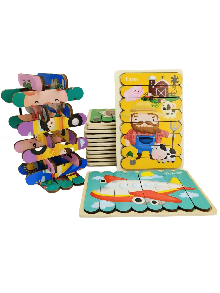 Cartoon Animal Double-sided Wooden 3D Puzzle Kids Montessori Materials Games for Baby Educational Learning  Toys for Children sunscreen double sided hat children caps korea art cartoon 3d animal modelling fisherman hat boys girls spring summer cap