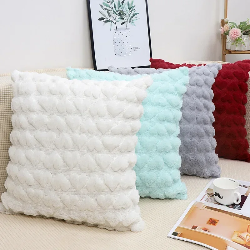 

45x45cm Solid Color Velvet Love Heart Soft Throw Pillowcase Valentine's Day Cushion Cover for Living Room Sofa Decoration