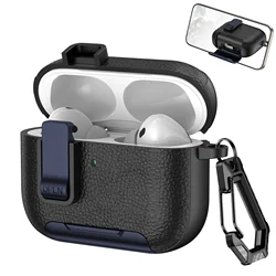 Luxury Leather Textured Earphone Cover with Secure Lock and Invisible Phone Stand - Airpods Pro 3 (Black blue)