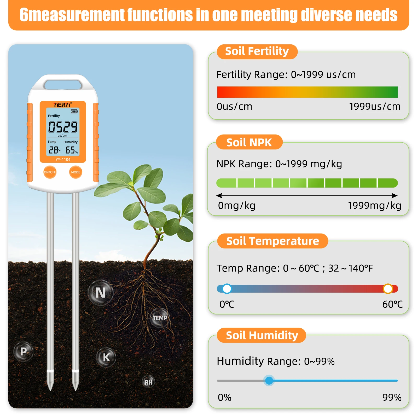 6 in 1 Soil Tester NPK Nutrient Meter Digital Soil Fertility Humidity Temperatur