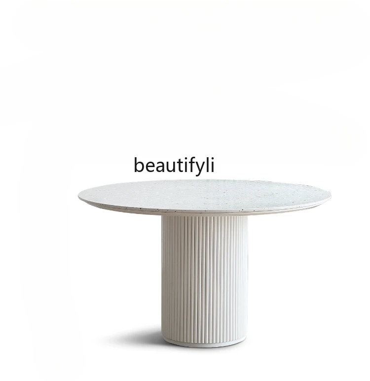 

French Cream Style Light Luxury and Simplicity Modern Stone Plate Roman Column round Table Small Apartment Terrazzo Dining