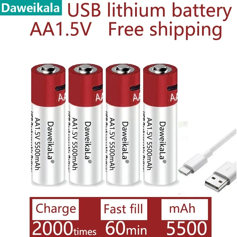 

Daweikala Новинка AA USB перезаряжаемая литий-ионная батарея 1,5 в AA 5500 мАч/литий-ионная батарея часы для игрушек MP3 плеер термометр клавиатура