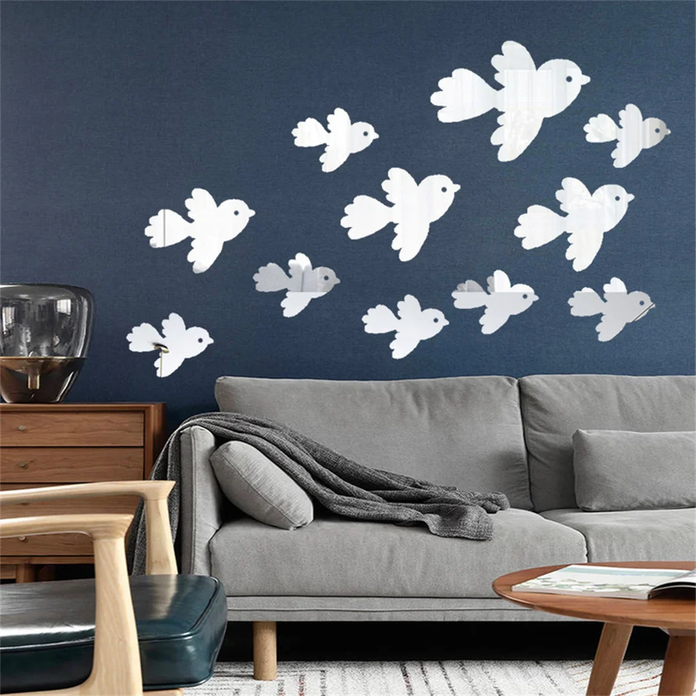 1set/12pcs 3D Little Bird Stickers Mirror Surface Decals DIY Self-adhesive Wall Art Mirror Stickers Home Decoration Mural Gift