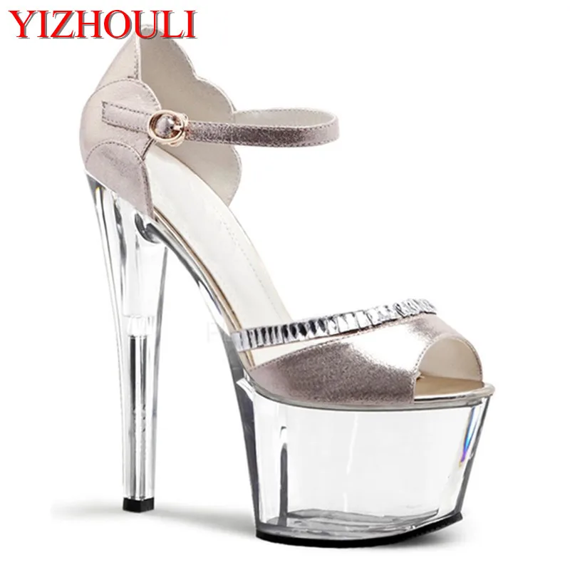 

17 cm transparent crystal soles, European and American show shoes, gold and silver glossy stage show dance shoes