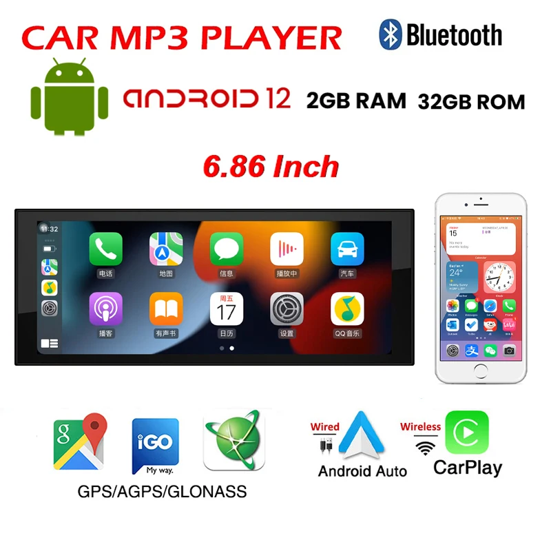 CarMP3PlayerAndroid121DINCarPlayWirelessWiFiAndroidAuto