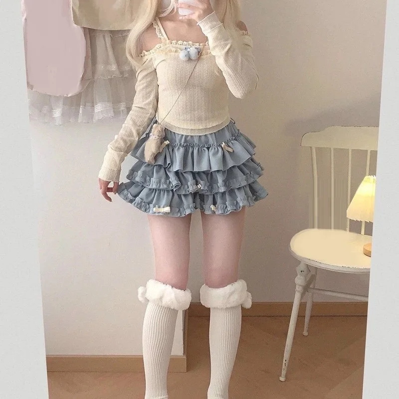 Women Short Skirt Female Elastic Waist Tutu Skirts Ruffled A-line Mini Pleated Cake Skirt 3