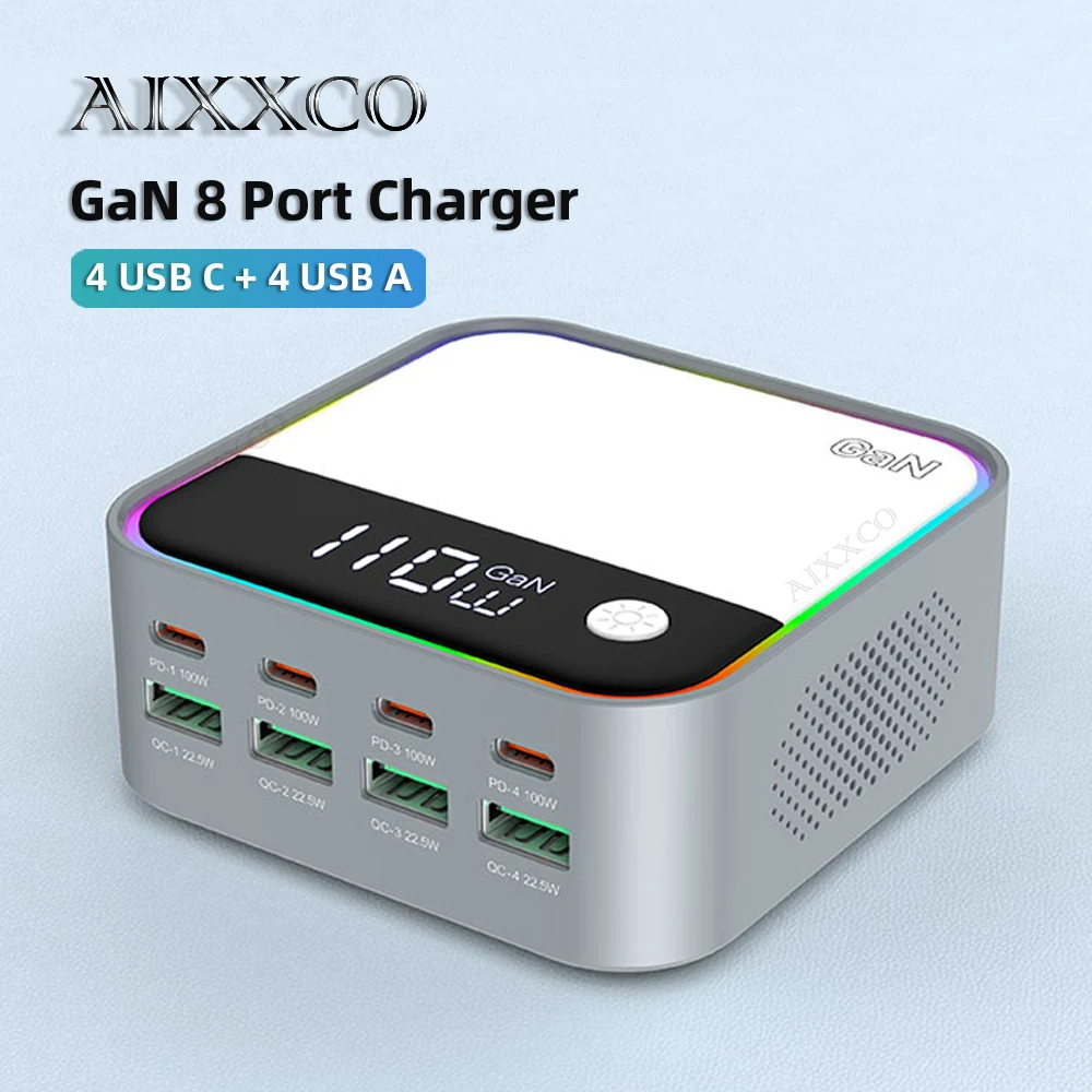 GaN USB C Charger 8 Port Desktop Charger Ambient Lighting Display 100W PD PPS Fast Charger For Laptop iPhone 15 Samsung 1