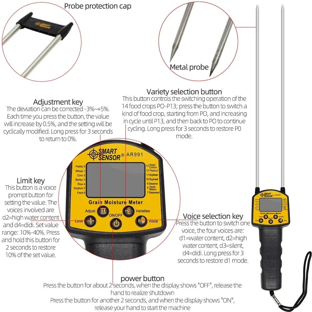 

Digital Grain Moisture Meter AR991 Smart Sensor Use For Corn Wheat Rice Bean Peanut Moisture Humidity Tester