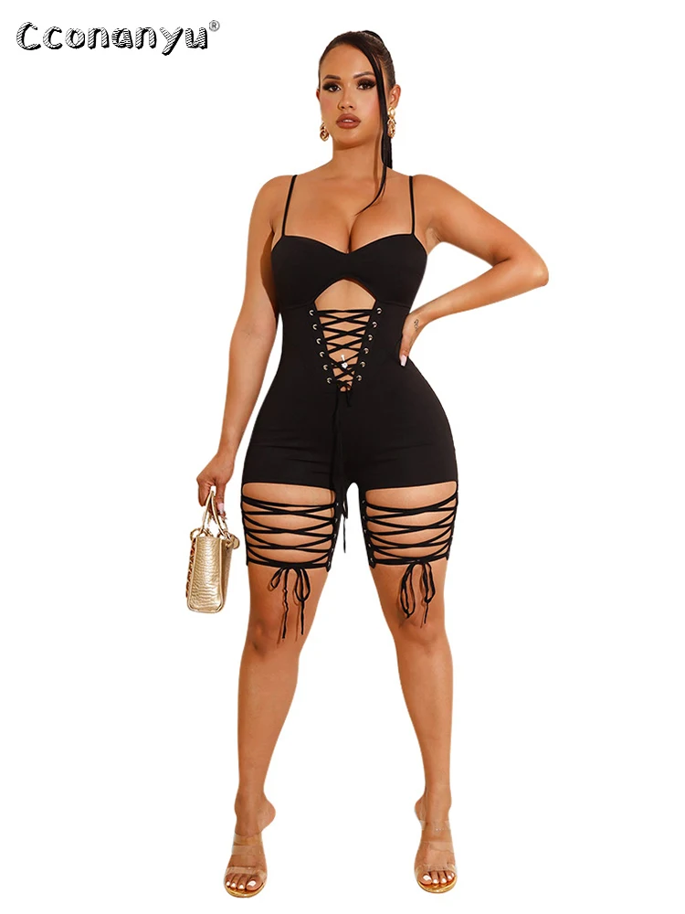 

Summer Sleeveless Sexy Lace Up Bodycon Playsuit Black Romper White One-pieces Jumpsuit for Women Party Night Club Wear Shorts