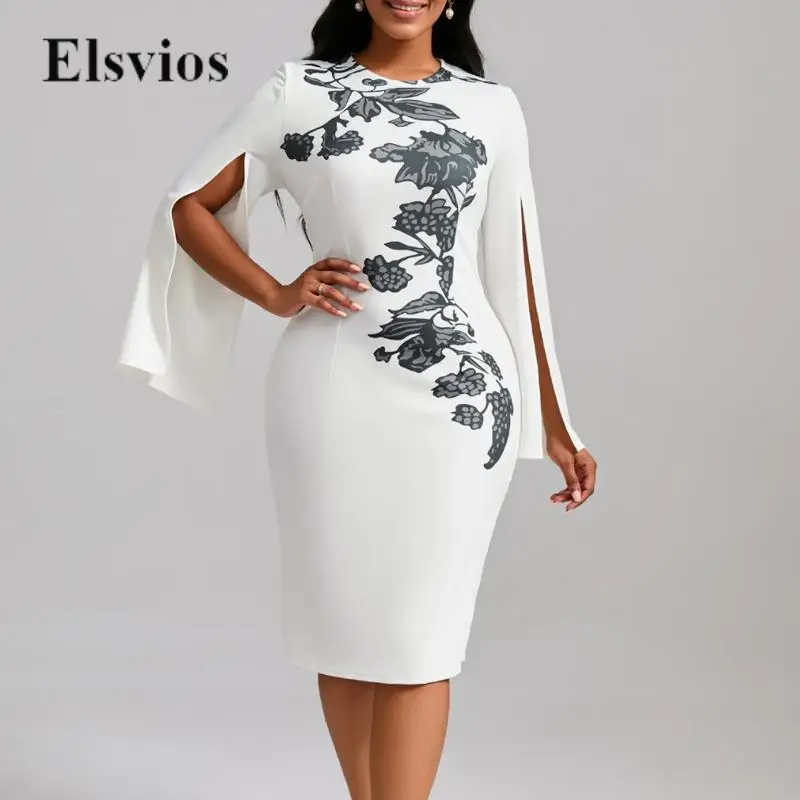 

Ladies Elegant Slit Shawl Sleeve Party Dress Fashion Women Slim Back Slit Dress Vintage Flower Pattern Print Office Pencil Dress