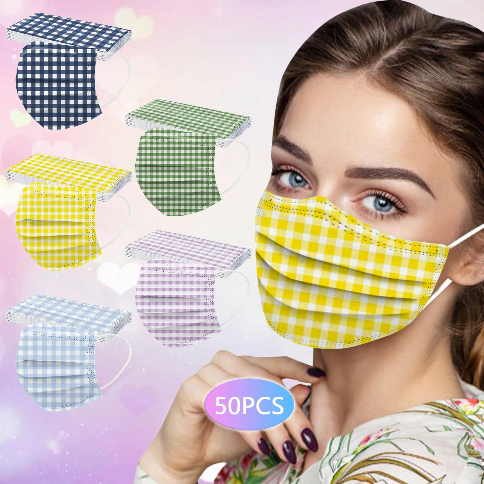 50PCS Adult Lattice Printing Ddust-Proof 3-Layer Disposable Protective Mask Outdoor Dust-Proof Face Protective Mask Disposable