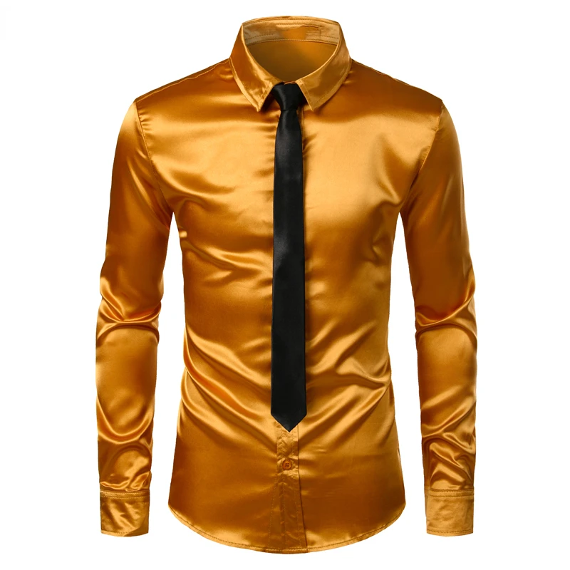 Men's Gold Silk Satin 2 Pcs Dress Shirts (shirt+tie) Slim Fit Button