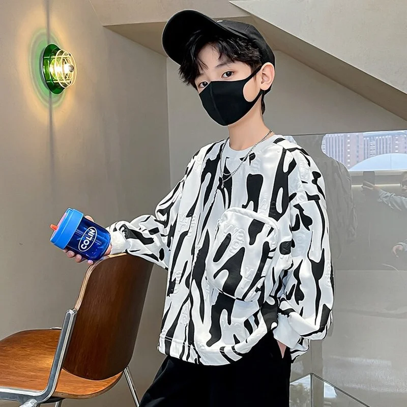 

New Boys Hoodies Spring Autumn Fashion Pullover Print Fake Two-piece Sweatshirt Kids Korean Loose Long-sleeved Top 8 10 12 14 Y