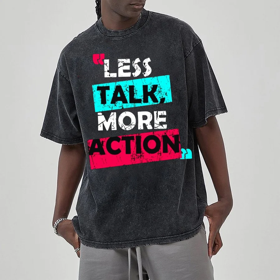 Less Talk More Action Letter Print Women Wash T-Shirt Vintage Distressed Cotton Oversized Couple Short Sleeve 2024 New Top