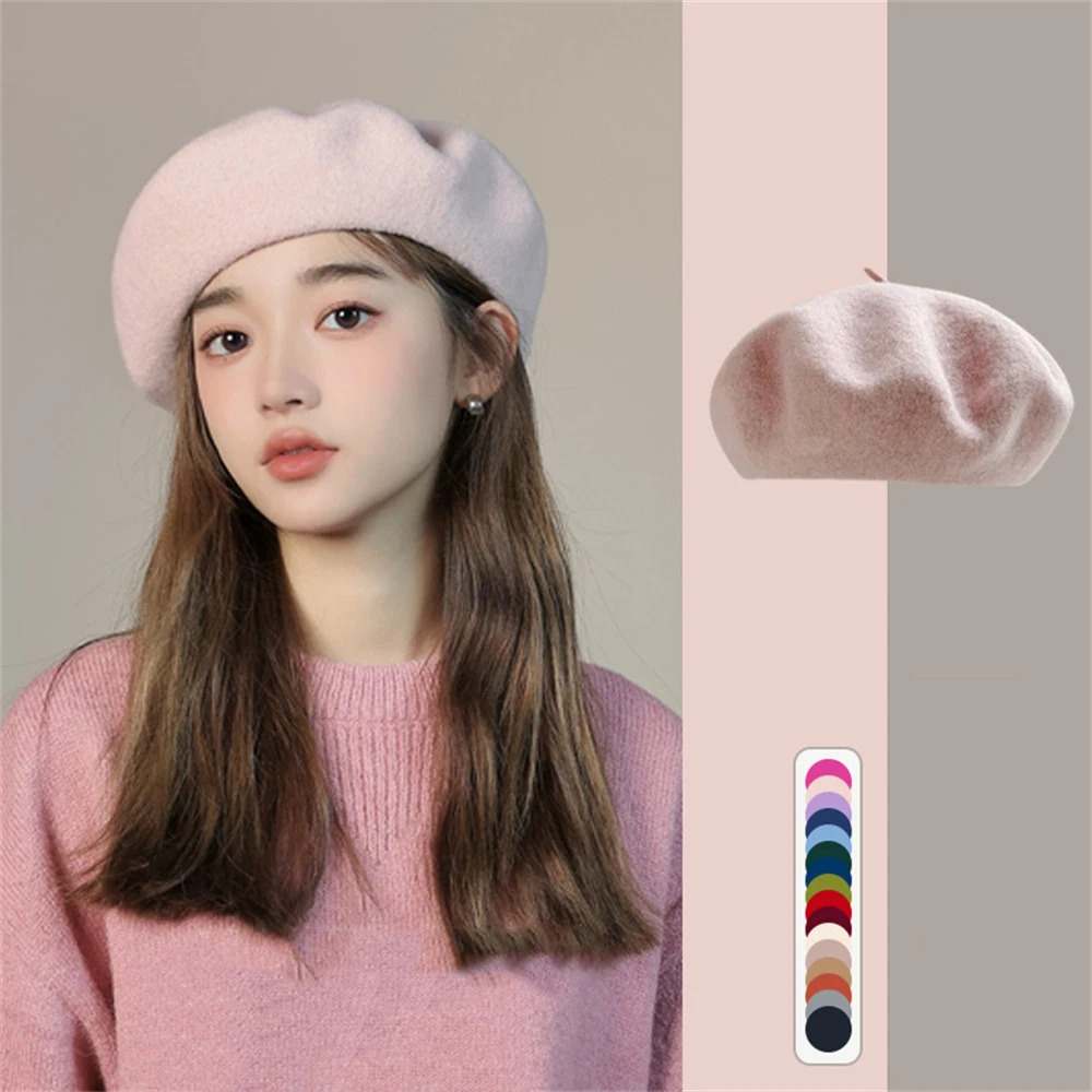 

Winter Women Wool Berets French Artist Style Warm Beanie Hat Retro Plain Beret Solid Color Elegant Lady All Matched Autumn Caps