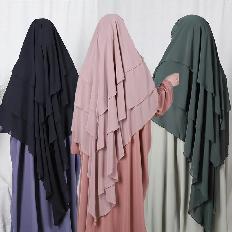 

Большой головной убор Khimar, 3-слойный хиджаб для женщин, мусульманская молитвенная одежда, мусульманский головной убор Nikab Niqab Рамадан ИД, головной убор