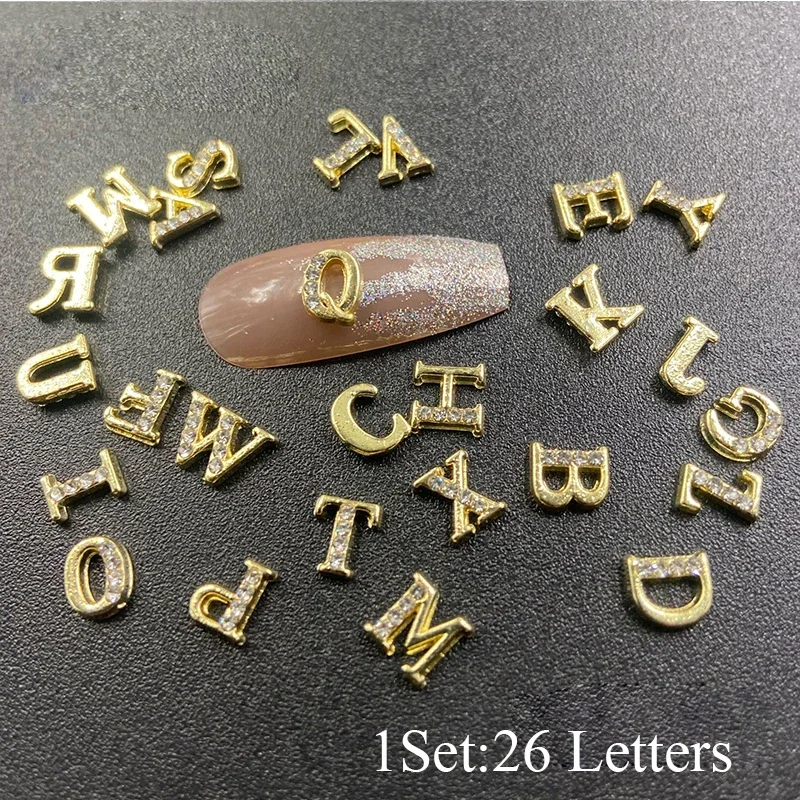 26Pcs3DNailArtAlphabetLetterNumberRhinestonesAlloyNailCharms