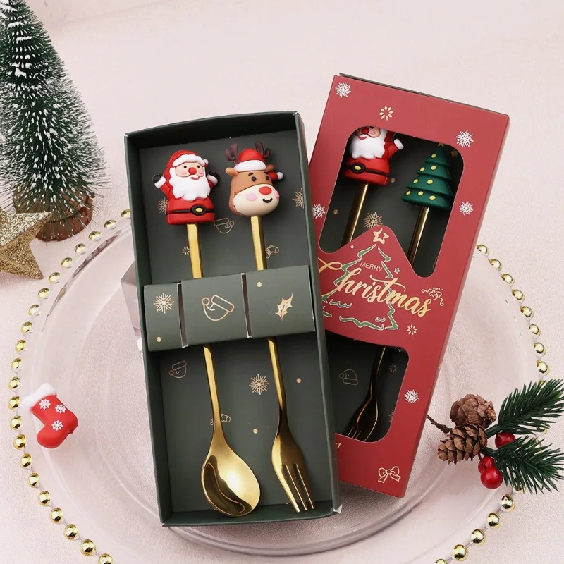 Stainless Steel Christmas Spoon Set Holiday Party Gift Ins Doll Spoon Fork Set Christmas Creative Gift for Friends and Family