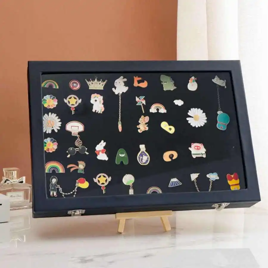 Stofdichte Speldvitrine, Badge-verzameldoos Schaduwdoos Frame Sieraden Opbergdoos met Slotgesp en Transparant Glazen Deksel voor Speld, Militaire Medaille en Sieradencollectie