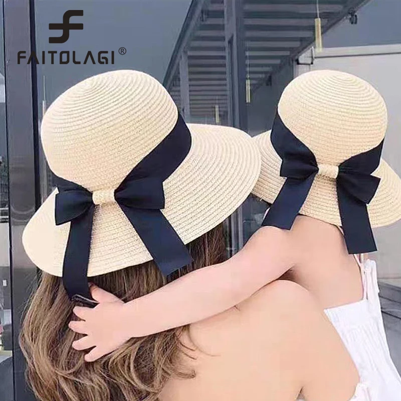 Ribbon Bowknot Women Straw Hat Summer Outdoor Beach Vacation Sunscreen Foldable Beach Hats Female Fisherman Cap Lady Sun Visors 1