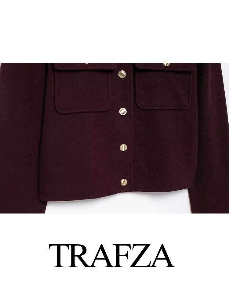 TRAFZA Female Street Fashion Jackets For 2024 Autumn Fashion Long Sleeves Lapel Single Breasted Solid With Pockets Causal Coats