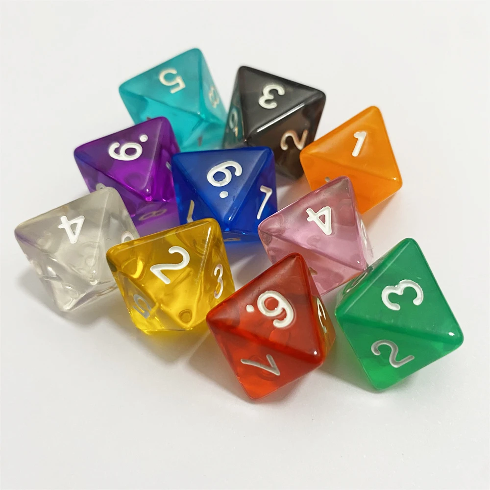 10Pcs D8 Acrylic 1-8 Number 8 Sided Polyhedral Digital Transparent Dice DND Party Board Table Board Games Dice Set 10Colors game dice dice set acrylic dice