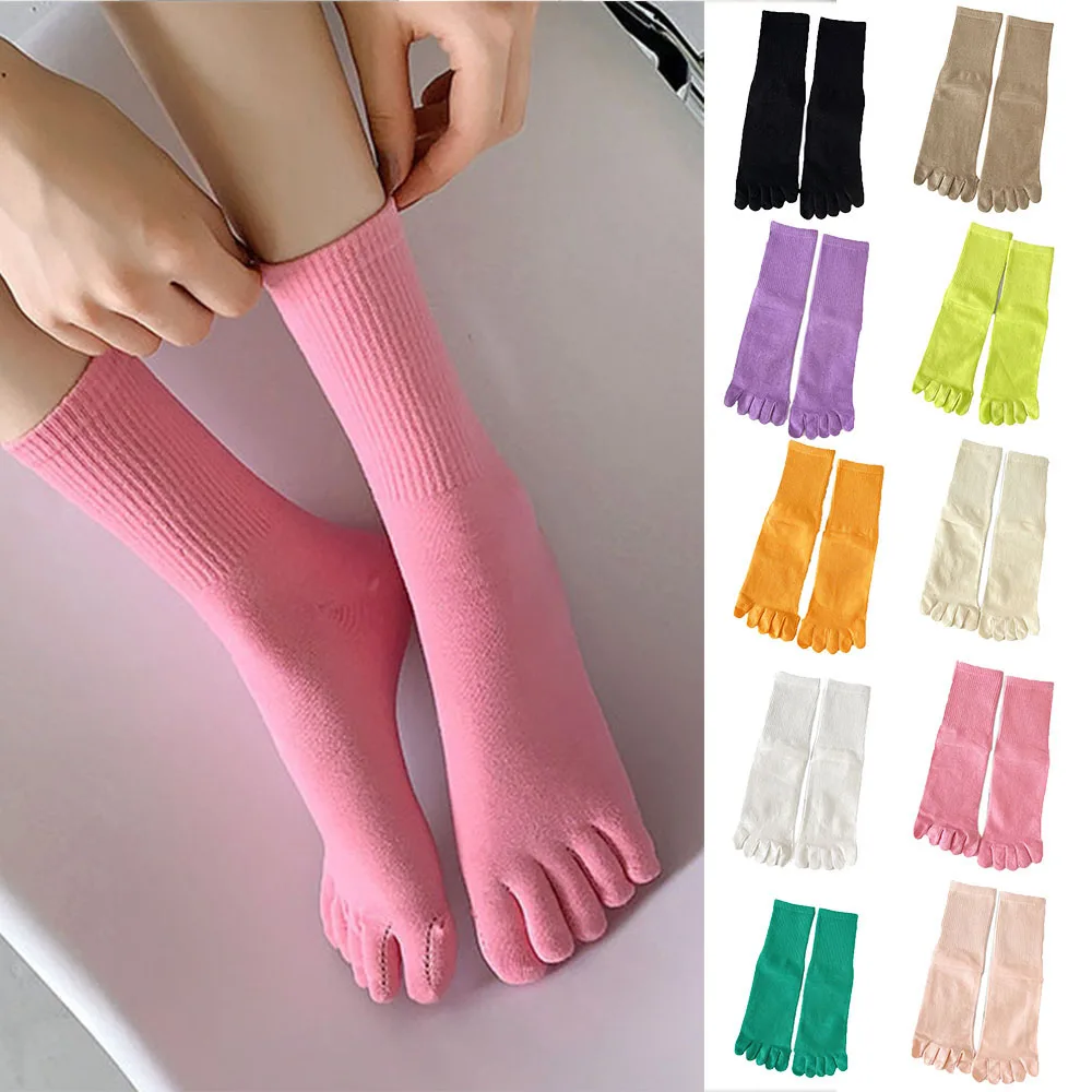 

1Pairs Candy Color Five-finger Cotton Socks Fashion Middle Tube Sweat-absorbing Breathable Split-toe Sports Casual Long Socks