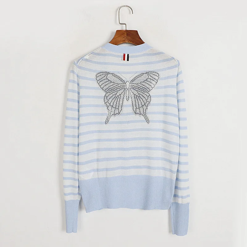 

Beading Butterfly Cardigans For Women Spring Full Sleeves Striped Knitted Jumpers Sweater Tops
