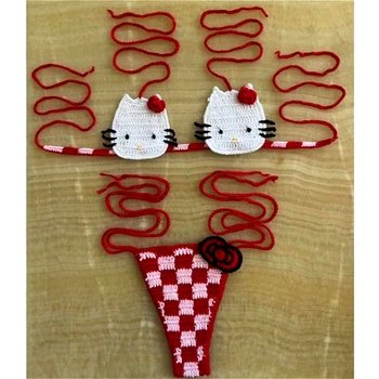 Cute Hello Kitty Ladys Sexy Swimsuit Crochet Bikinis Set Sanrio 2Pcs Womens Swimming Suit Micro Bikini Thongs Bathing Suit Beach 1