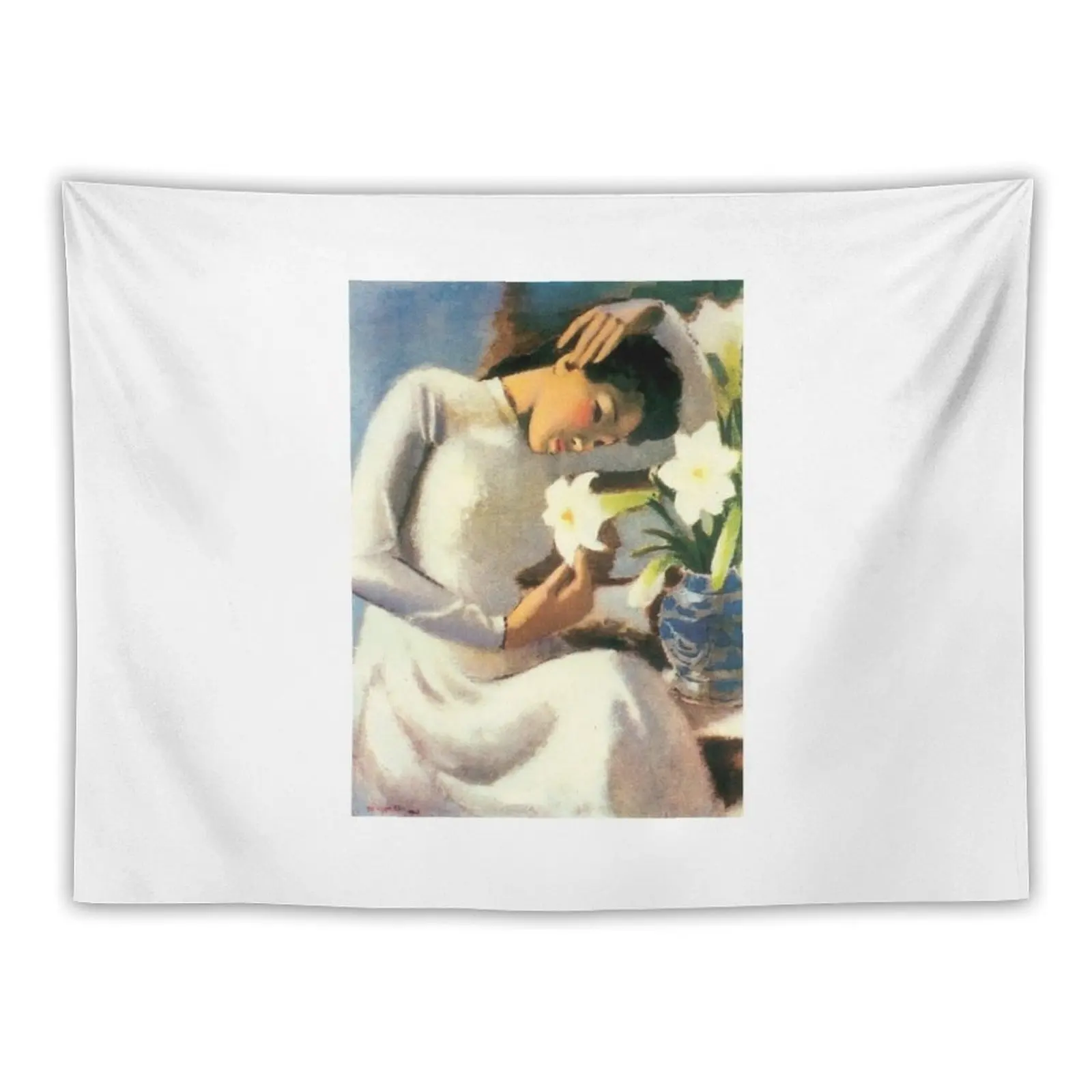 

T Ngc Vn - Young Girl with Lily Flower Tapestry Room Decor Korean Style Wall Decor Room Decorating Aesthetic Tapestry
