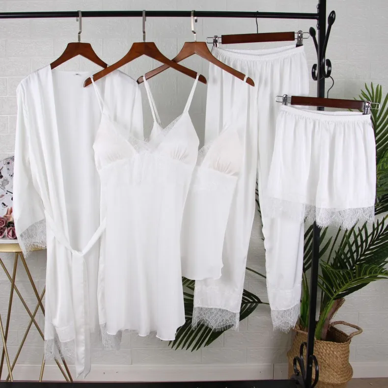 Five Piece Set Of Pajamas For Women In Summer, Sexy Pajamas, Ice Silk SuSpenderS, ShortS With Chest Pads, Korean Lace Home
