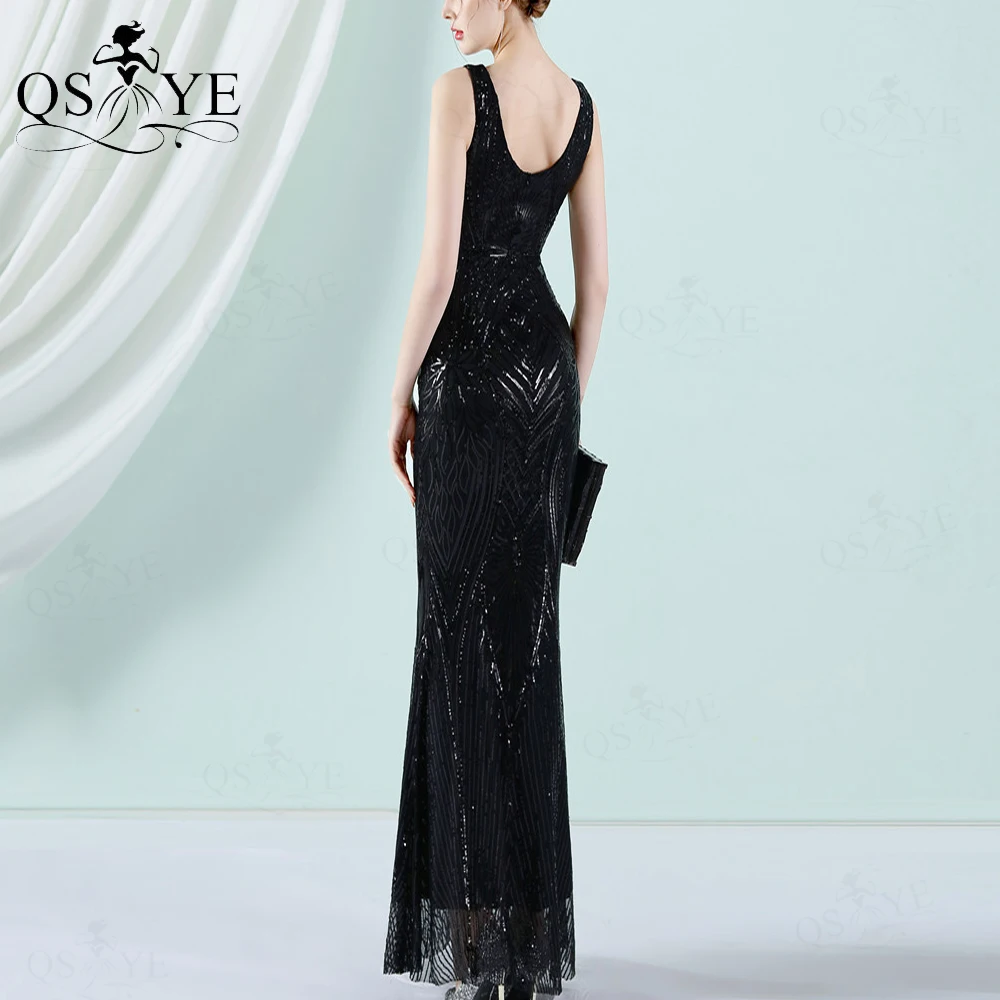 black formal gown Pattern Lace Black Evening Dresses Mermaid Sequin Prom Gown V neck Sleeveless Party Gown Open Low Back Fitted Black Formal Dress black evening dresses