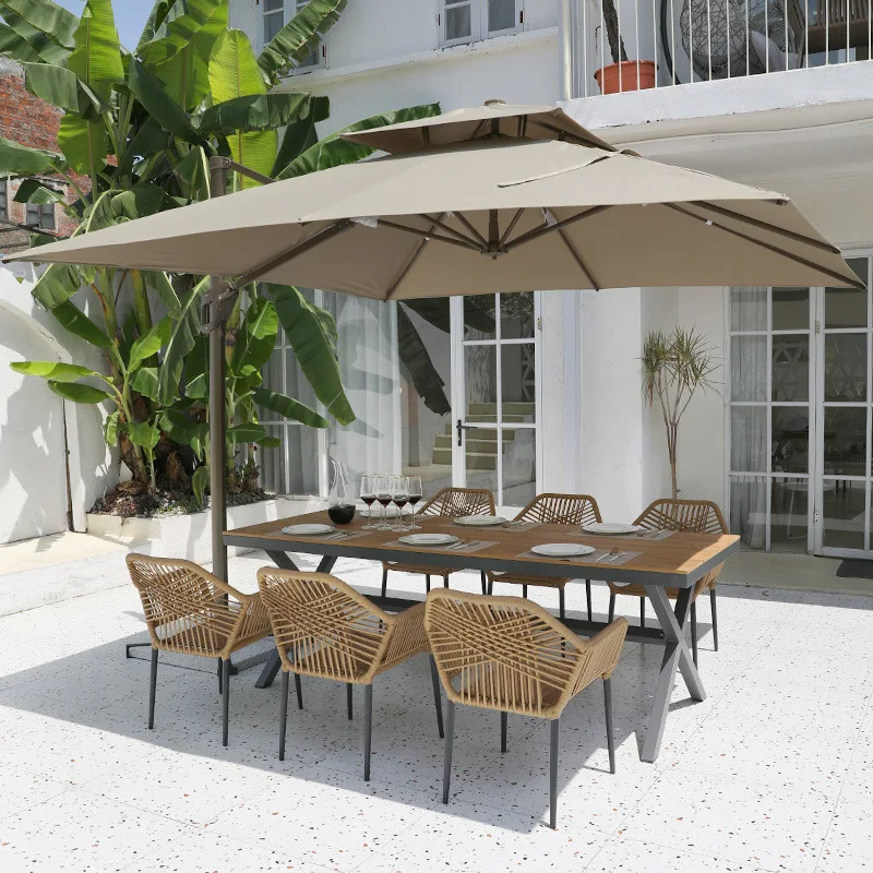 Villa Outdoor Tables and Chairs Courtyard Garden Rattan Chair Leisure Outdoor Aluminum Plastic Wood Dining Table Set