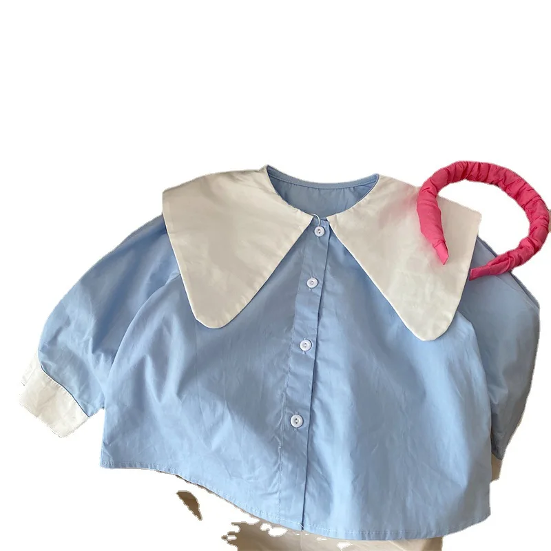 Shirt Top Cute Sweet Spring Autumn Korean Girl Contrast Color Lapel College Long Sleeve Leisure Active