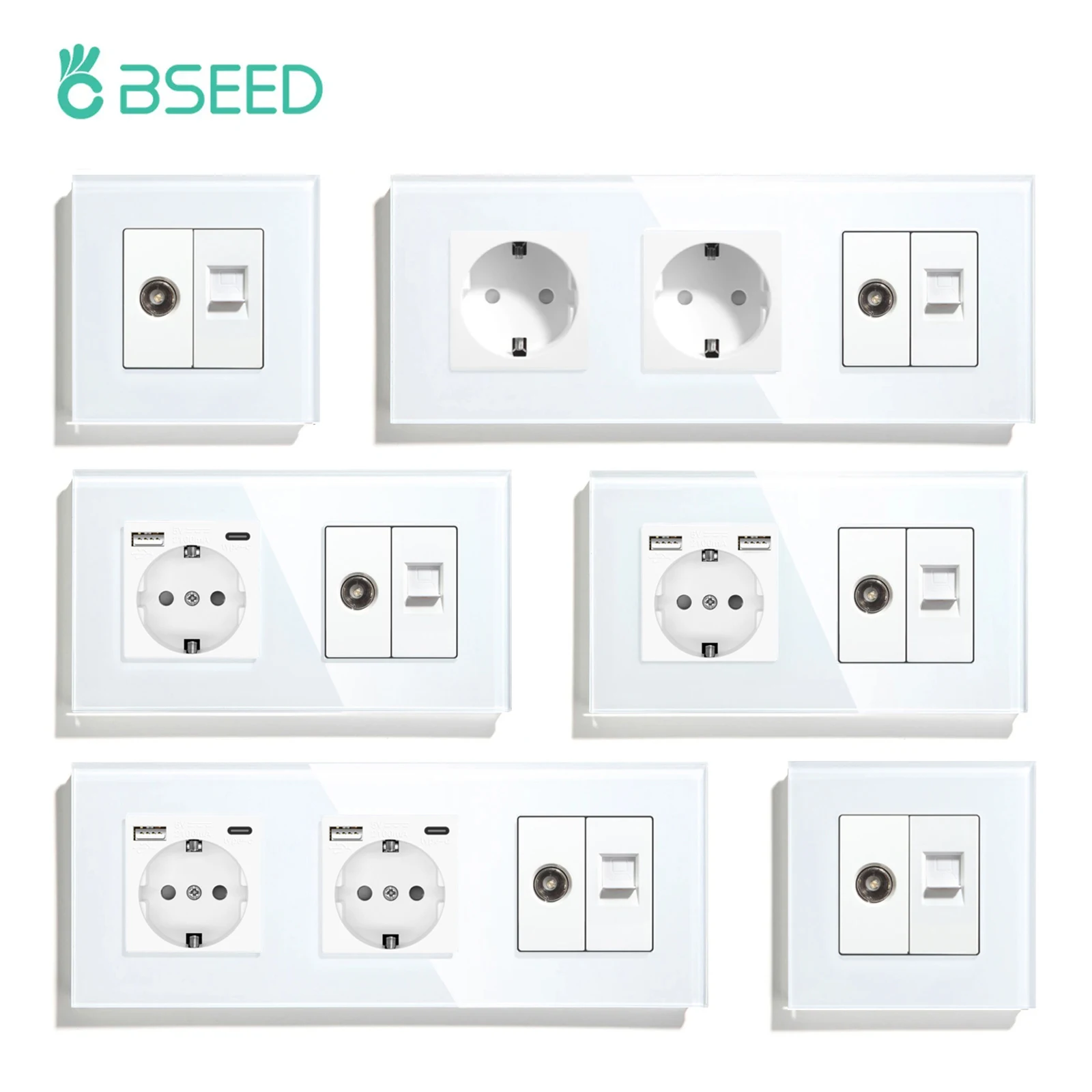 Bseed Socket Tv Cat6 Presa Di Corrente Eu Standard Tv Internet Rj45 Connessioni Pc Usb C Prese A Muro Elettriche Telaio In Vetro