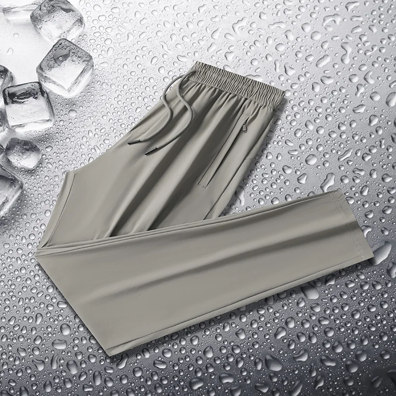 Simple Summer Solid Color Thin Ice Silk Men's Pocket Drawstring Elastic Waist Sports Pants Outdoor Casual Ankle Length Pants