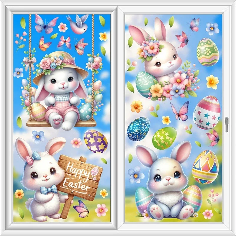 Easter Bunny Window Sticker Spring Living Room Showcase Glass Decorations Static Wall Stickers Cute Home Decorate Party Supplies