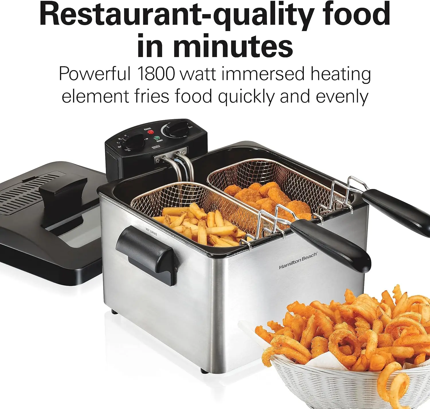 Beach Triple Basket Electric Deep Fryer, 4.7 Quarts / 19 Cups Oil Capacity, Lid with View Window, Professional Style, 1 6