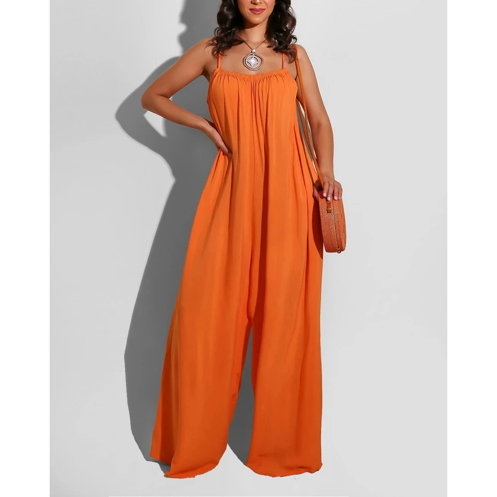 Women Sexy Ruched Spaghetti Strap Loose Solid Color Jumpsuit Femme Korean Style Sleeveless Wide Leg Jumpsuit Office Lady Outfits