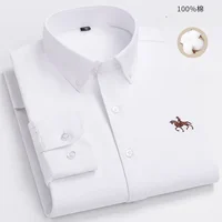 Chemise à manches longues pour hommes, 100% pur coton, Business décontracté, couleur unie, brodé, Oxford filé 5