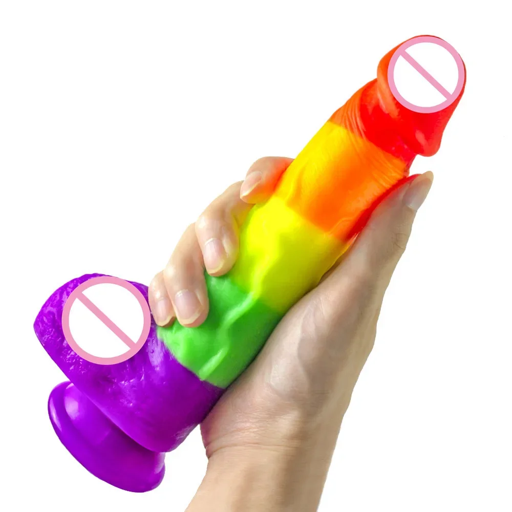 Simulation Dildo Rainbow Color Realistic Oversized Female Masturbator Vibrator Wearable Gun Machine Silicone Big Cock Adult Toys