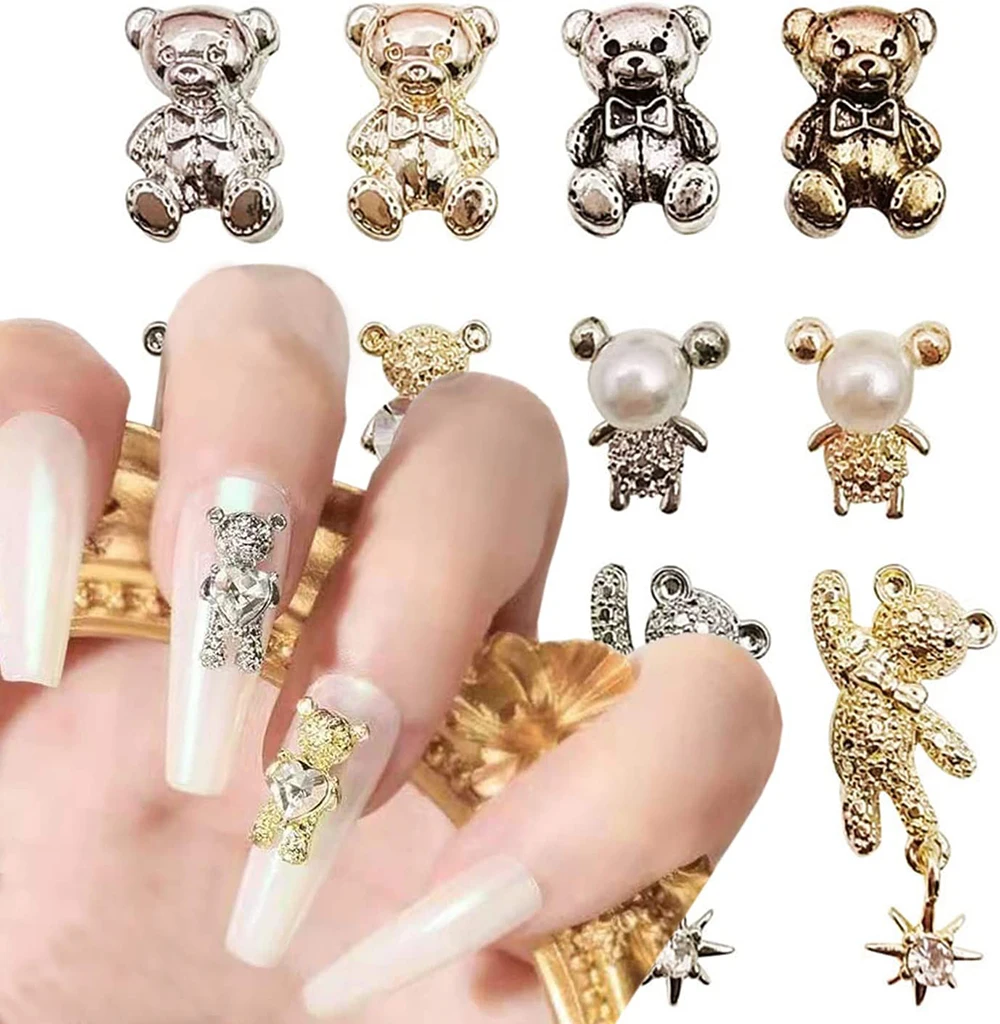 

50PCS Cute Gold/Silver Pearl Bear Nail Charm,Shining Crystals Bear Nail Kawaii Design Jewelry DIY Charms Manicure Accessories