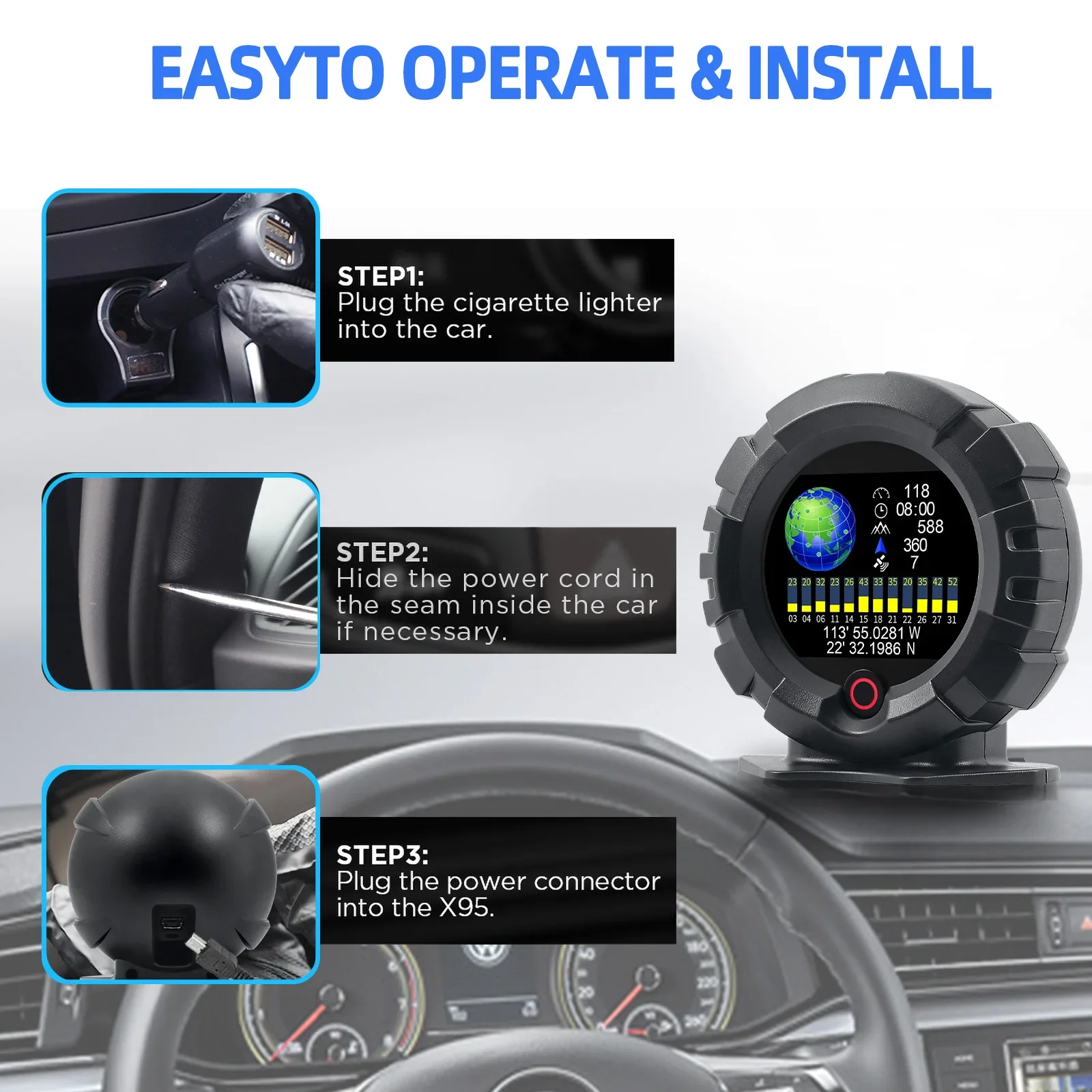 X95 GPS HUD 차량 헤드업 디스플레이 경사계 경사각계 속도계 오프로드 4x4 피치 각도 고도 위도 나침반 게이지